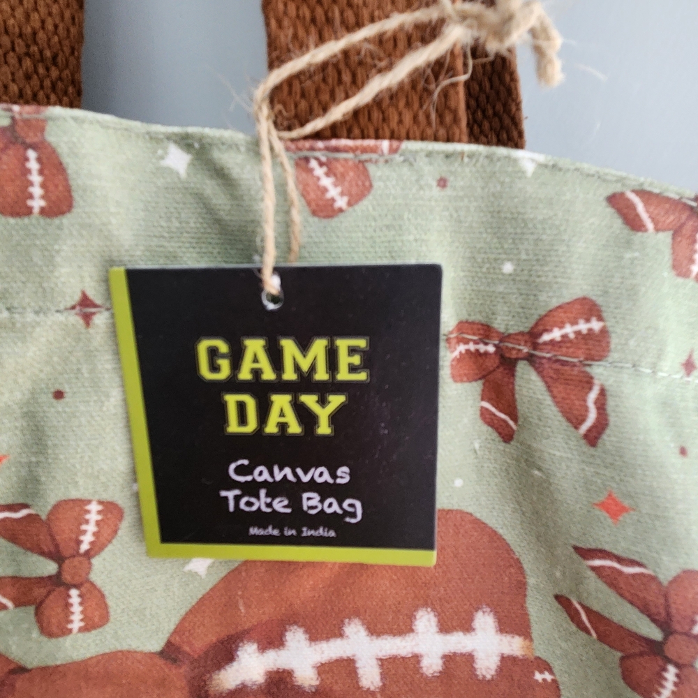 Game Day Football Bow Ribbon Light Canvas Tote Bag NWT - Picture 2 of 13